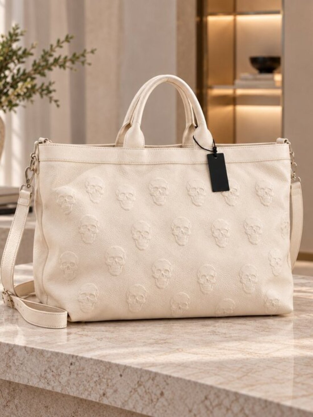 IO PELLE Italian XL 3D Skull Leather Weekender Tote Latte Rare NEW